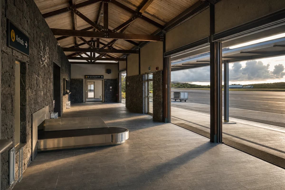 Timber island airport arrivals hall under cloud-clearing sunrise.
