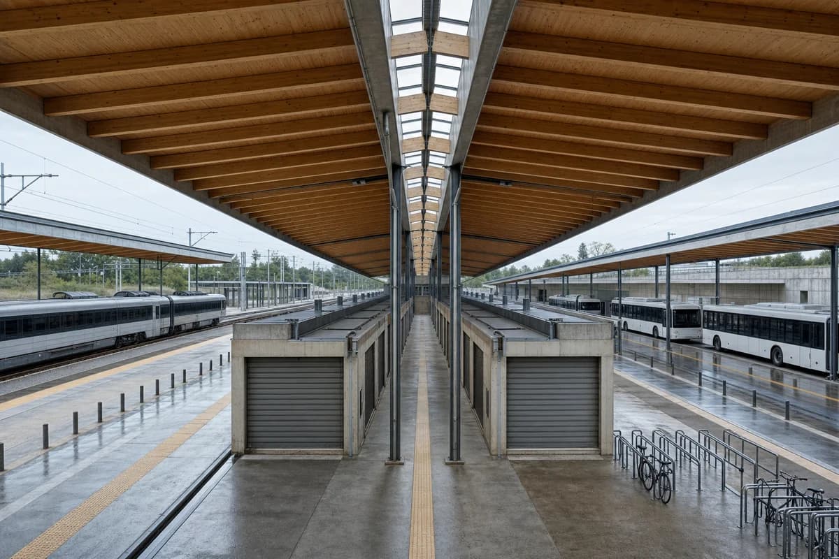 Mass-timber transit market concourse linking separate regional platforms.