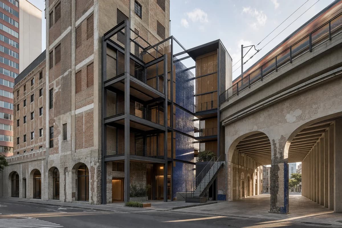 Unoccupied Mexico City ceramics institute with a reversible steel insertion beside an elevated rail line.