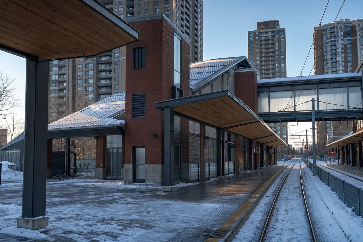 Unoccupied winter commuter concourse with cleared routes between dense residential towers.