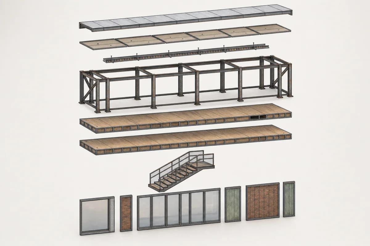 Material transit-concourse assembly preserving every exploded component position
