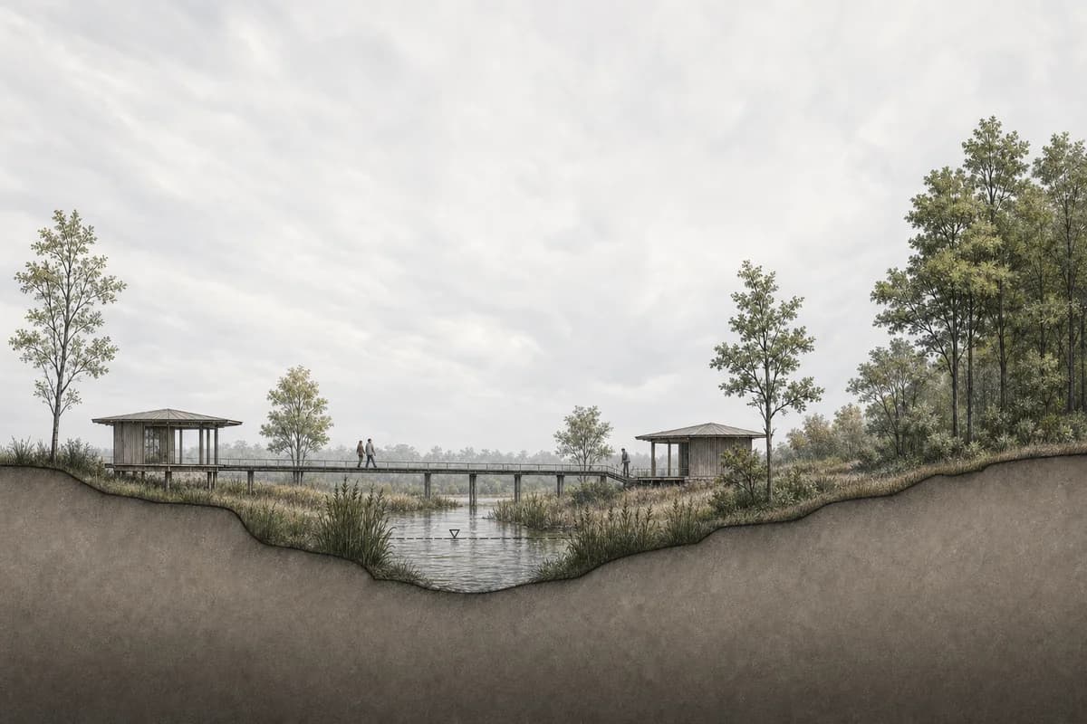Wetland visitor center cutaway matching the source site section