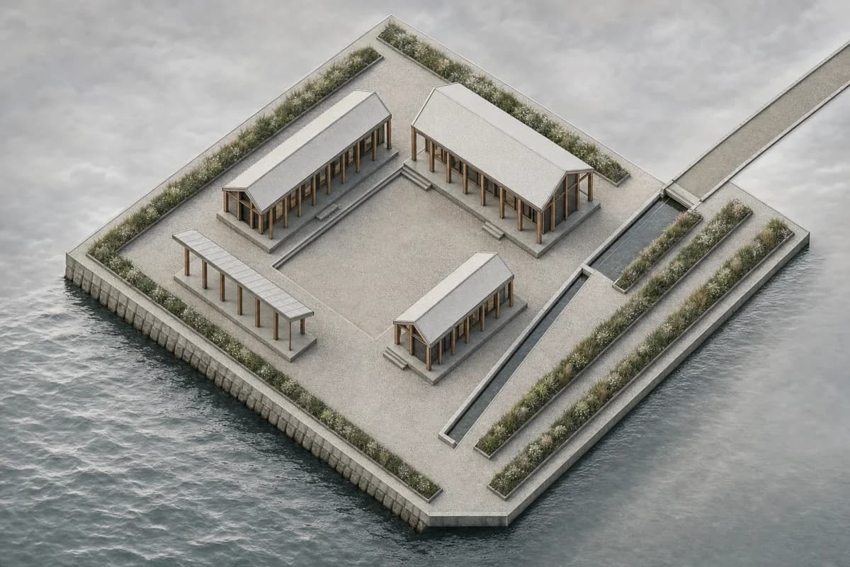 Rendered waterside arts campus preserving the source axonometric exactly