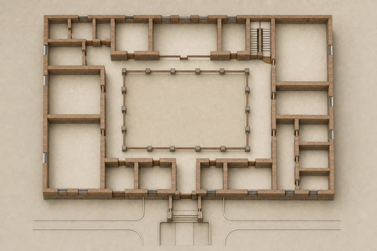 Unoccupied photoreal earth hall plan preserving the source orthographic projection