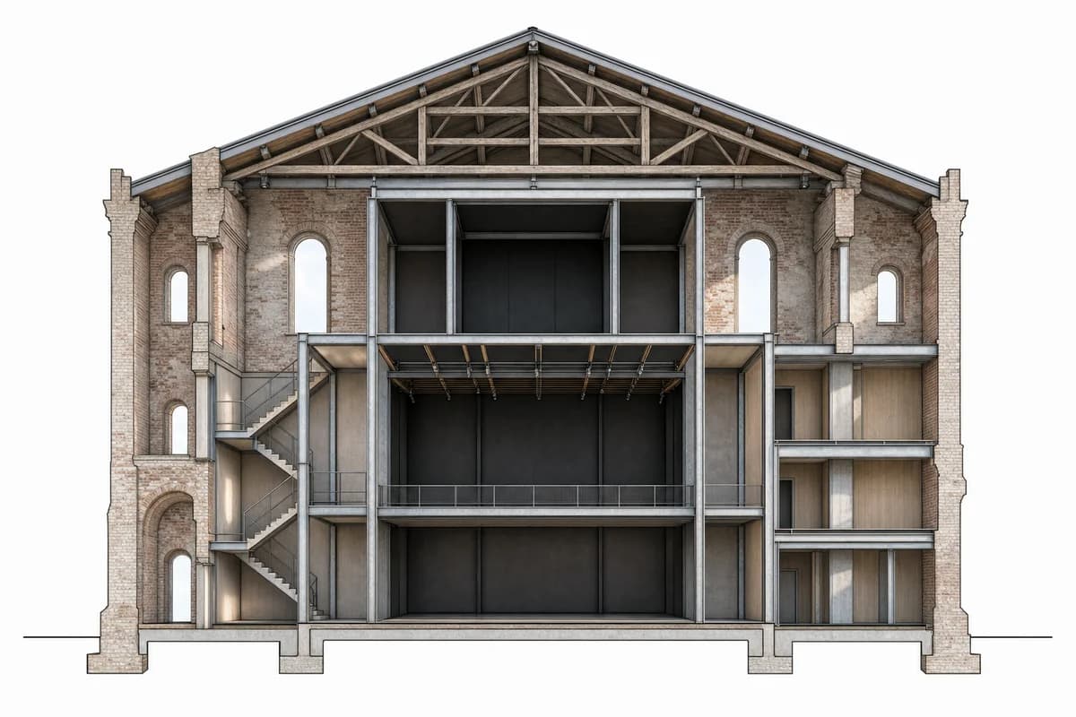 Photoreal theater cutaway preserving the source masonry section exactly