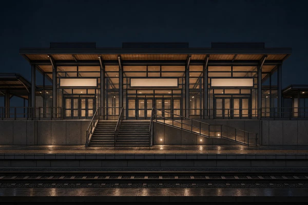 Unoccupied restrained station night render preserving the source elevation