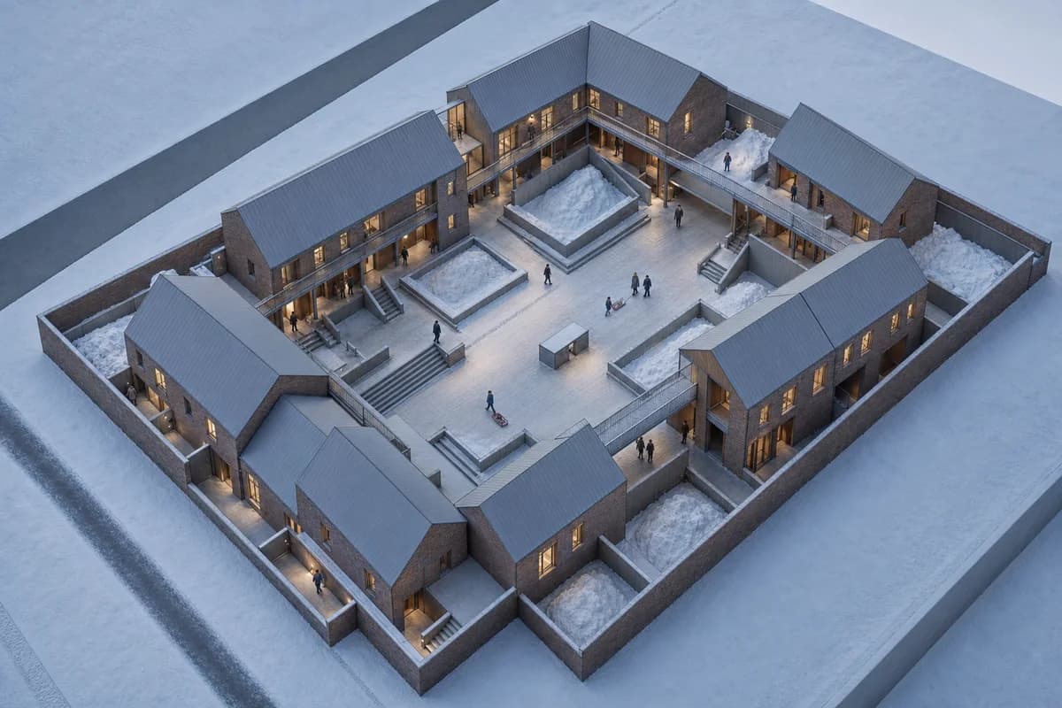 Inhabited winter housing render matching the source massing model