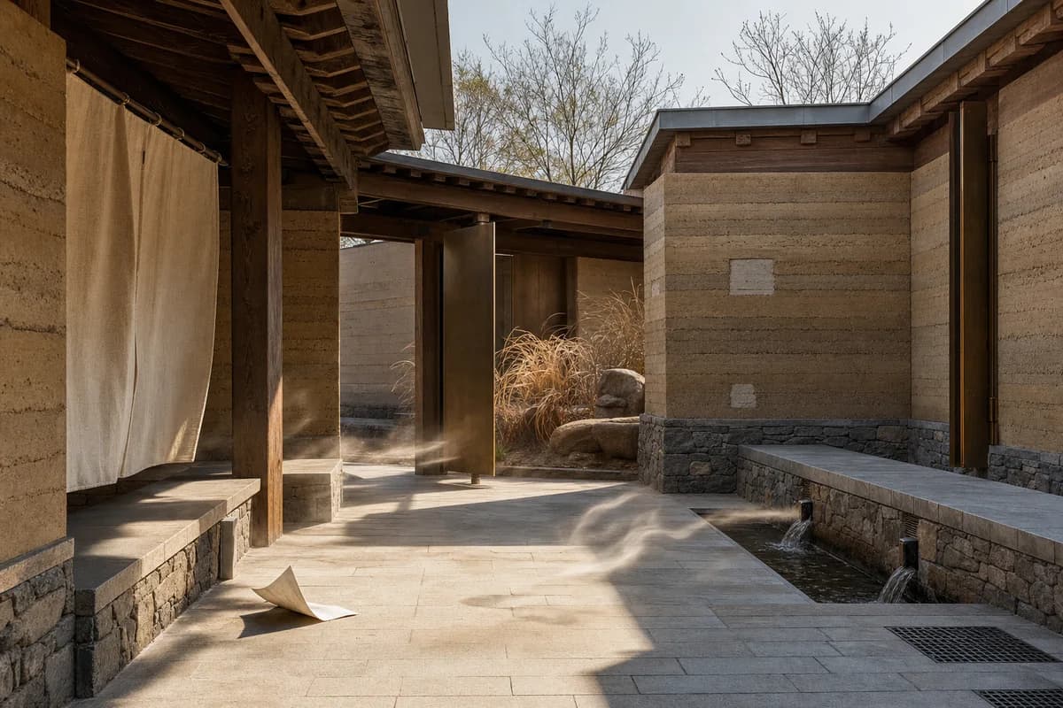 A dry gust moves dust, linen, and grasses through an earth museum court.
