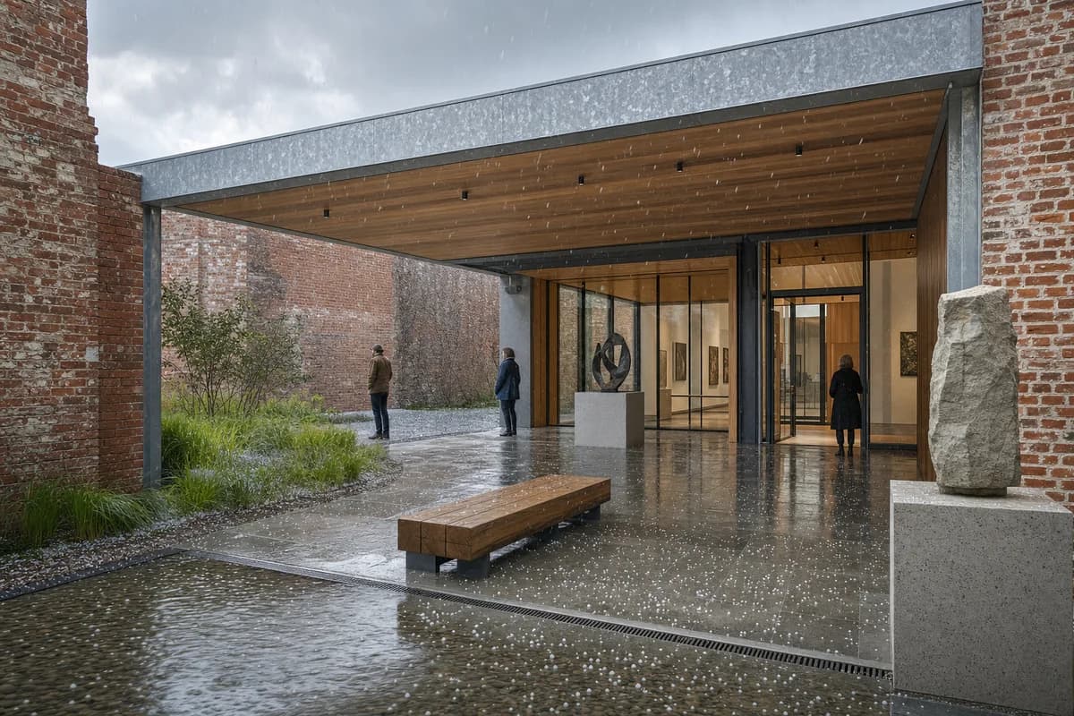 Hail bounces across the sheltered court of a brick arts center.