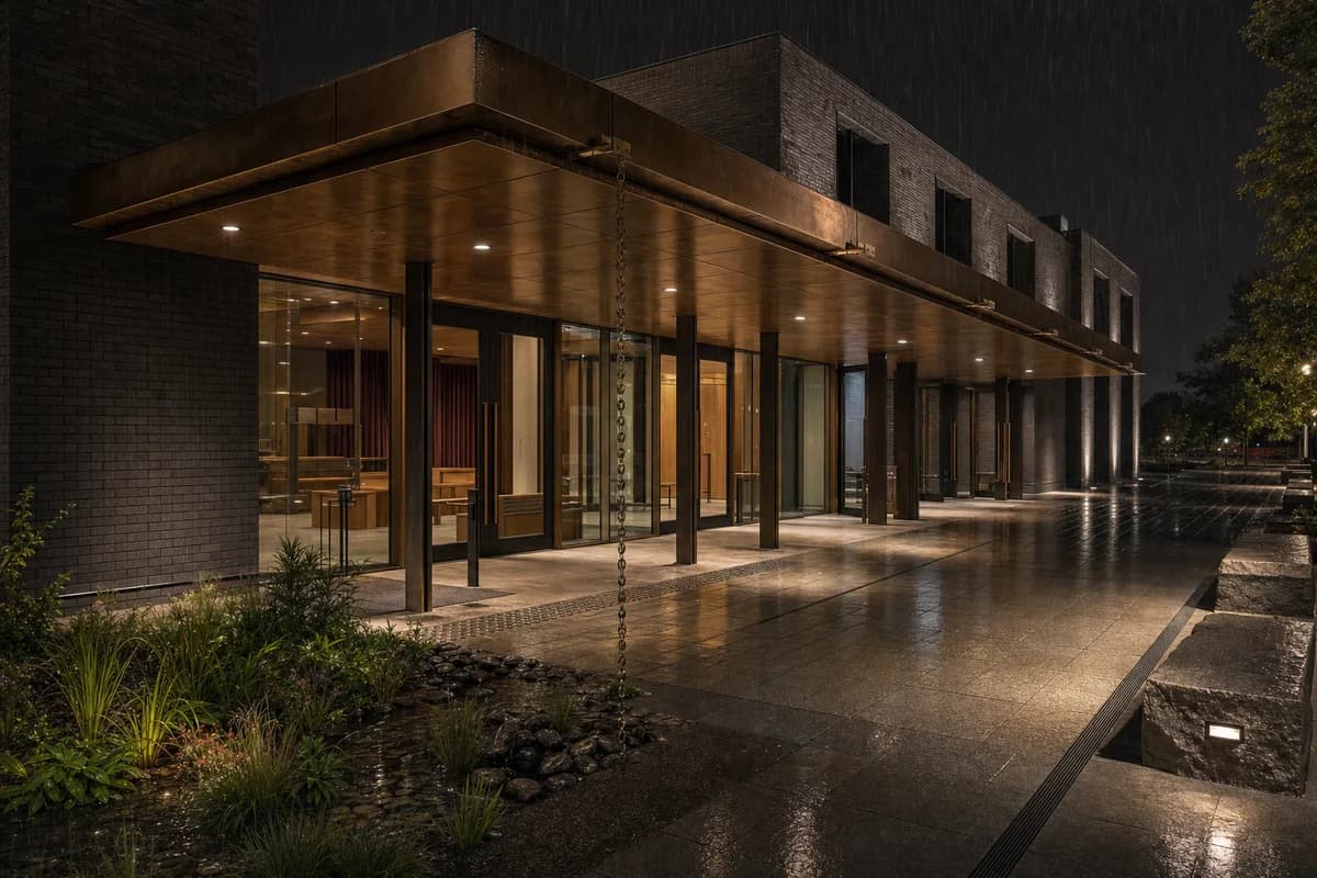 A second candidate of the same rainy concert hall with identical camera, geometry, activity, time, lighting, and conditions.