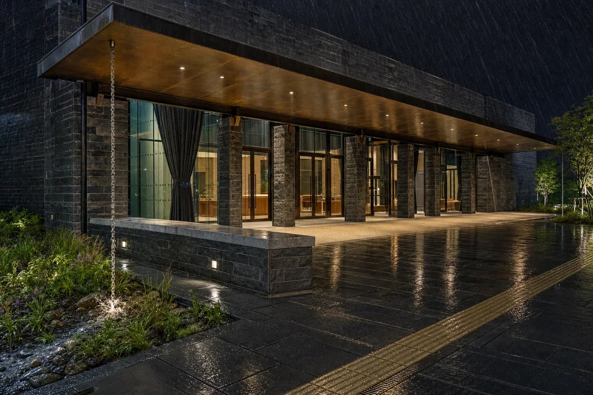 Rain streaks across the warmly lit entrance of a public concert hall.
