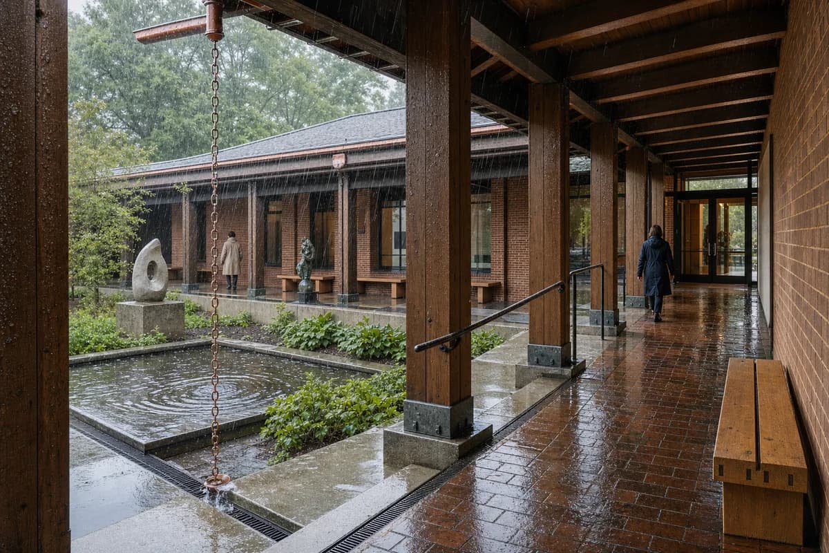 A second candidate of the same rainy museum cloister with identical camera, geometry, activity, time, lighting, and conditions.