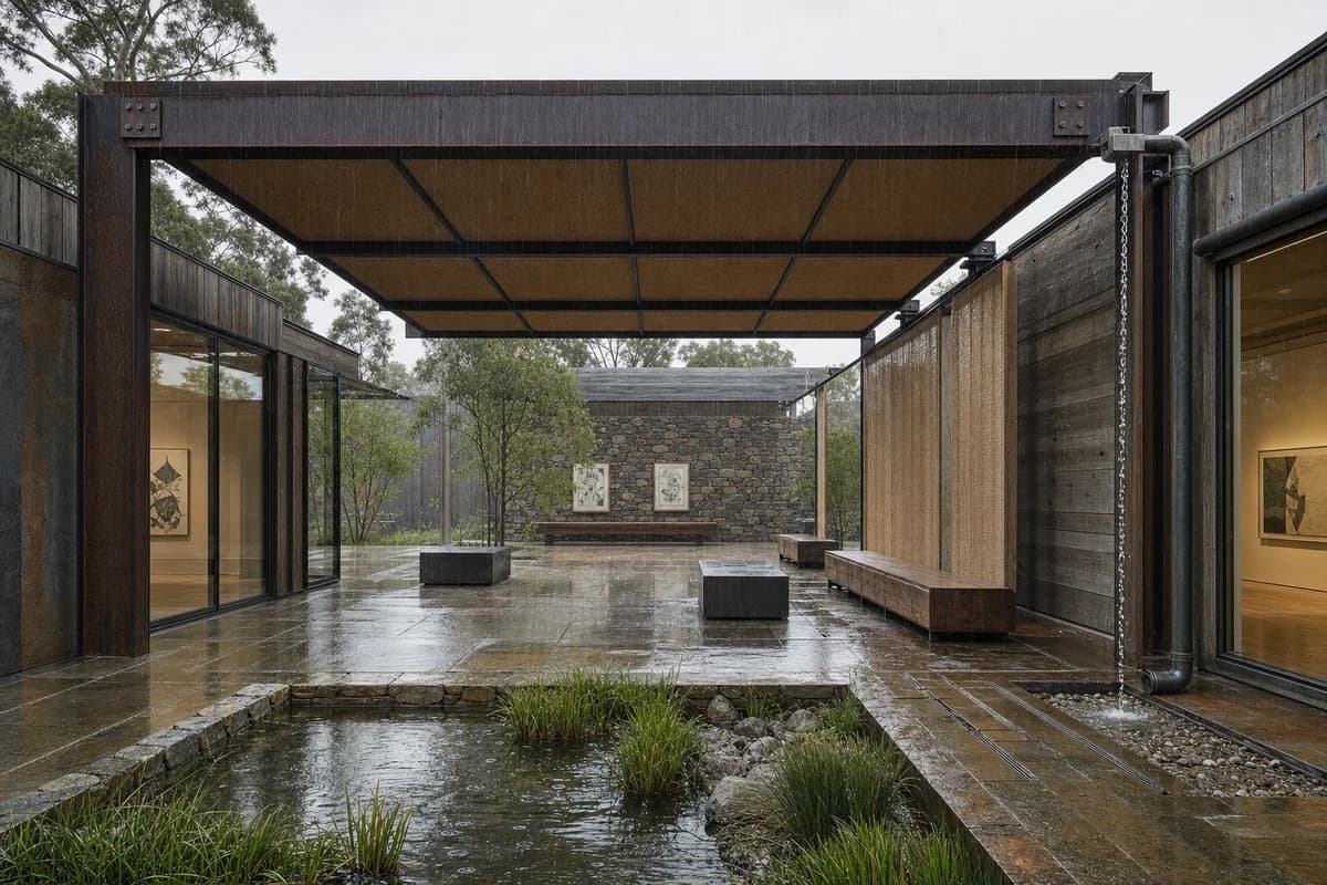 Rain crosses a modular museum court beneath a reclaimed-steel canopy.