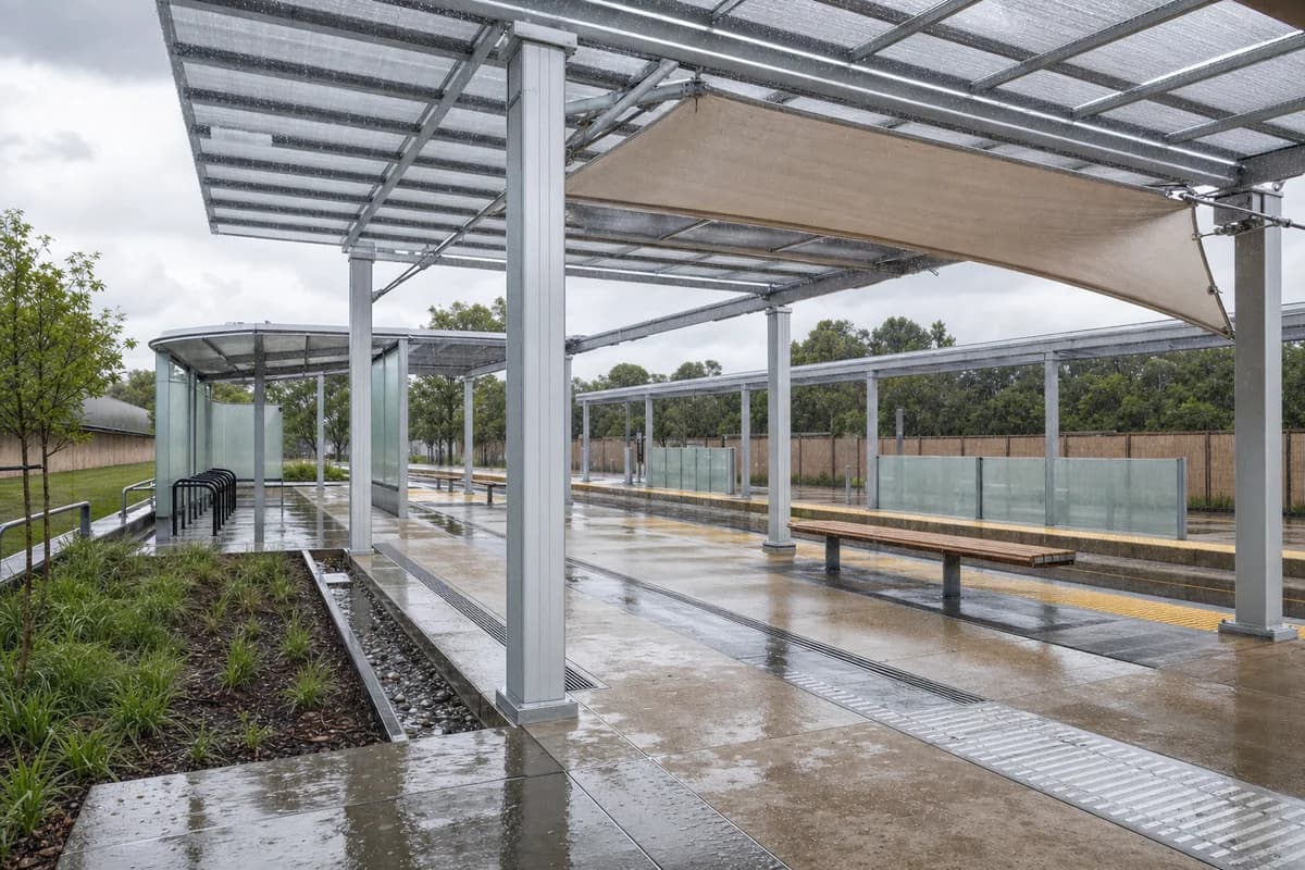 A second candidate of the same empty wet interchange with identical camera, geometry, furniture, time, lighting, and conditions.