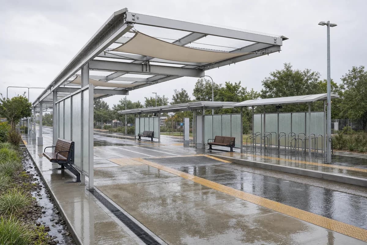 An unoccupied modular mobility interchange during wind-driven rain.
