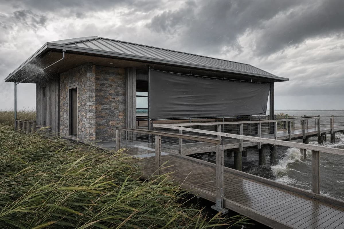 A squall bends reeds and drives rain across an estuary observatory boardwalk.