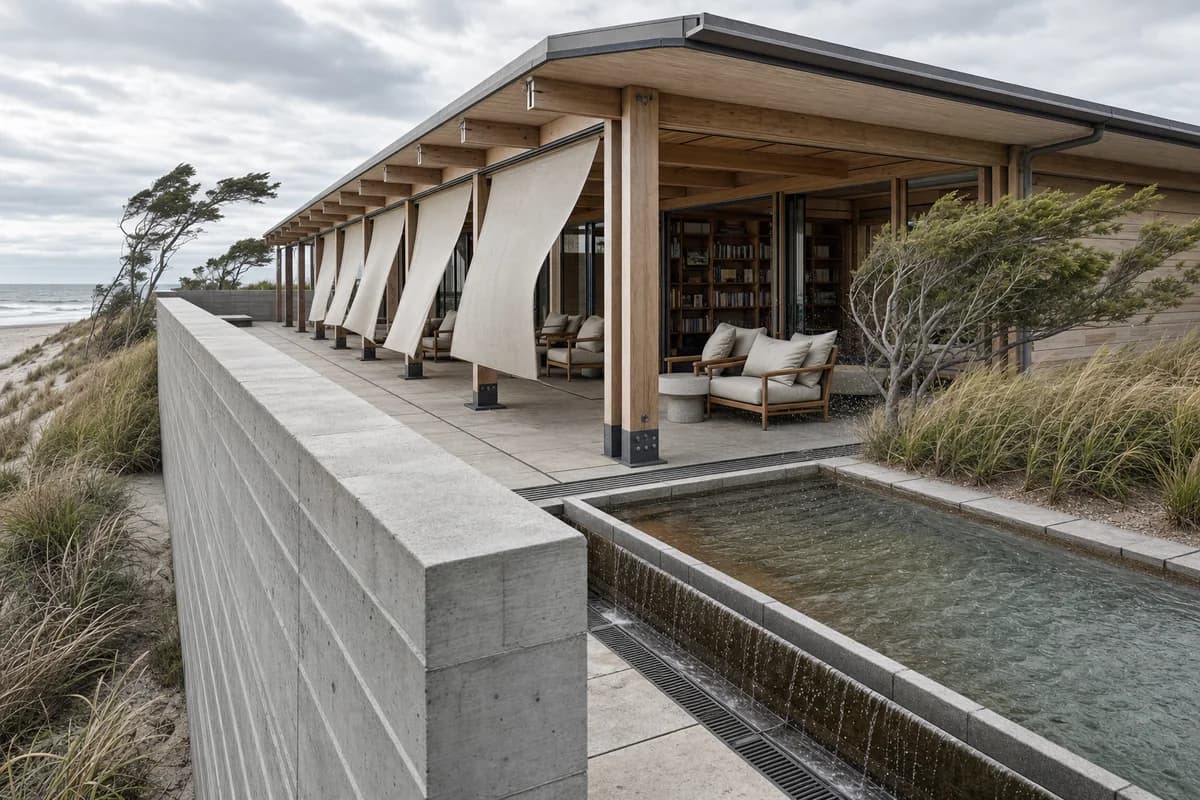Wind bends grasses and fabric around a sheltered coastal civic pavilion.