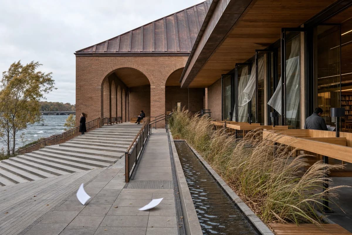 Wind moves grasses, curtains, and water across a river library terrace.