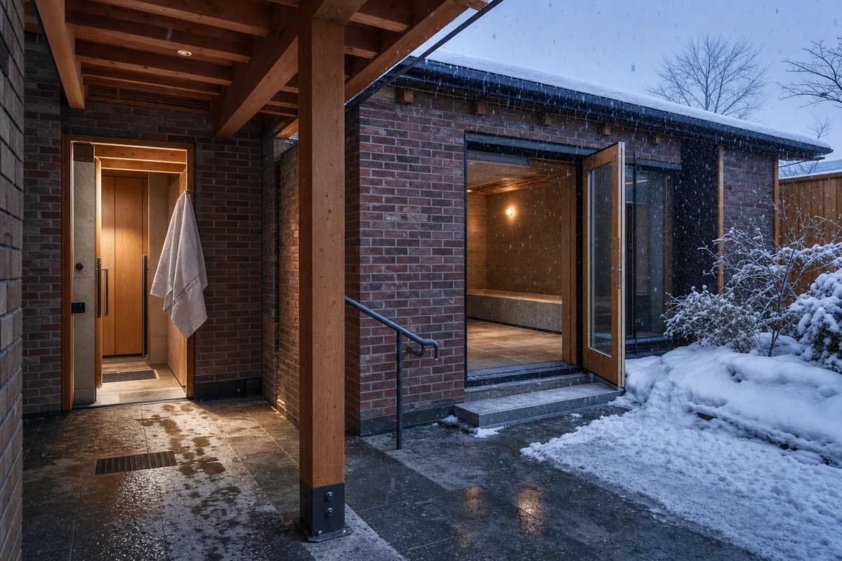 A second candidate of the same snowy bathhouse entrance with identical camera, geometry, activity, time, lighting, and conditions.