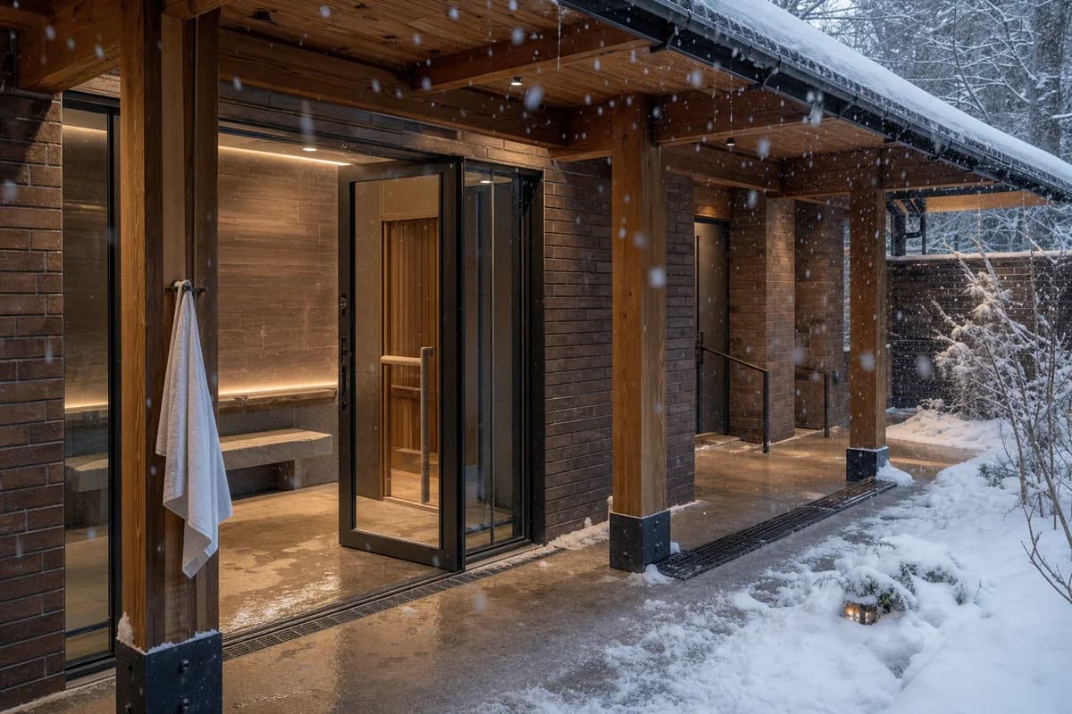 Fine snow moves around the warm entrance of a neighborhood bathhouse.
