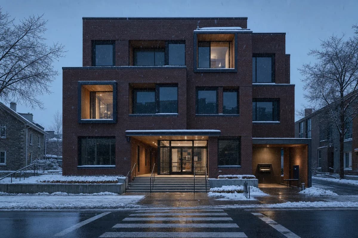 Brick neighborhood library with restrained reading light in blue-hour snow.