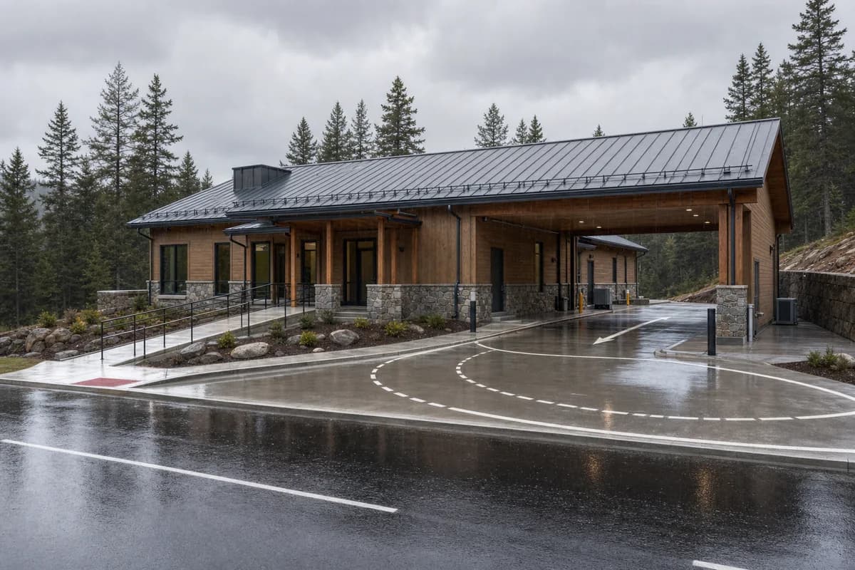 Timber rural clinic with a deep zinc porch in cold steady rain.