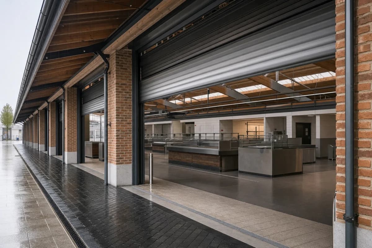Reused-brick market hall opening beneath fine morning drizzle.