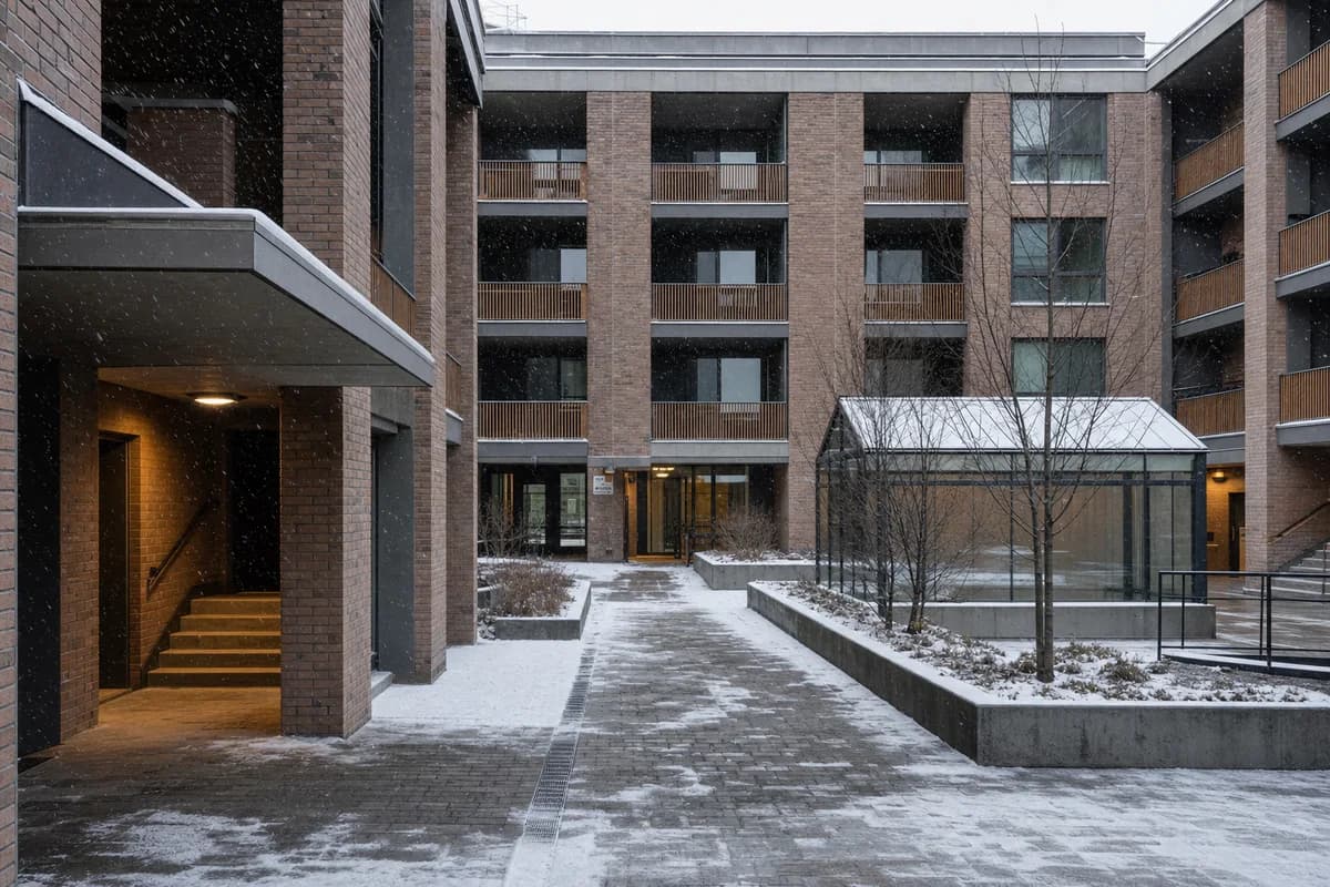 Insulated brick housing courtyard under fine dry snowfall.
