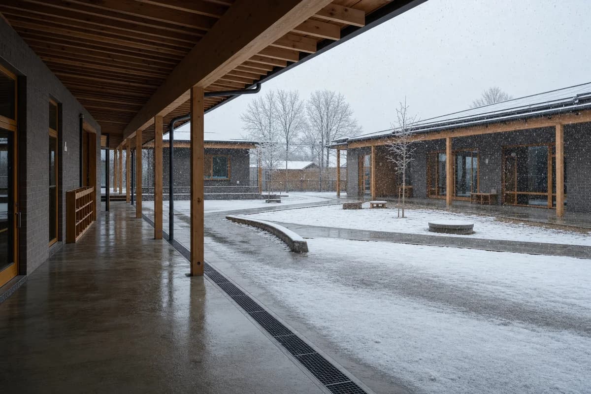 Brick kindergarten court receiving its first light snowfall.