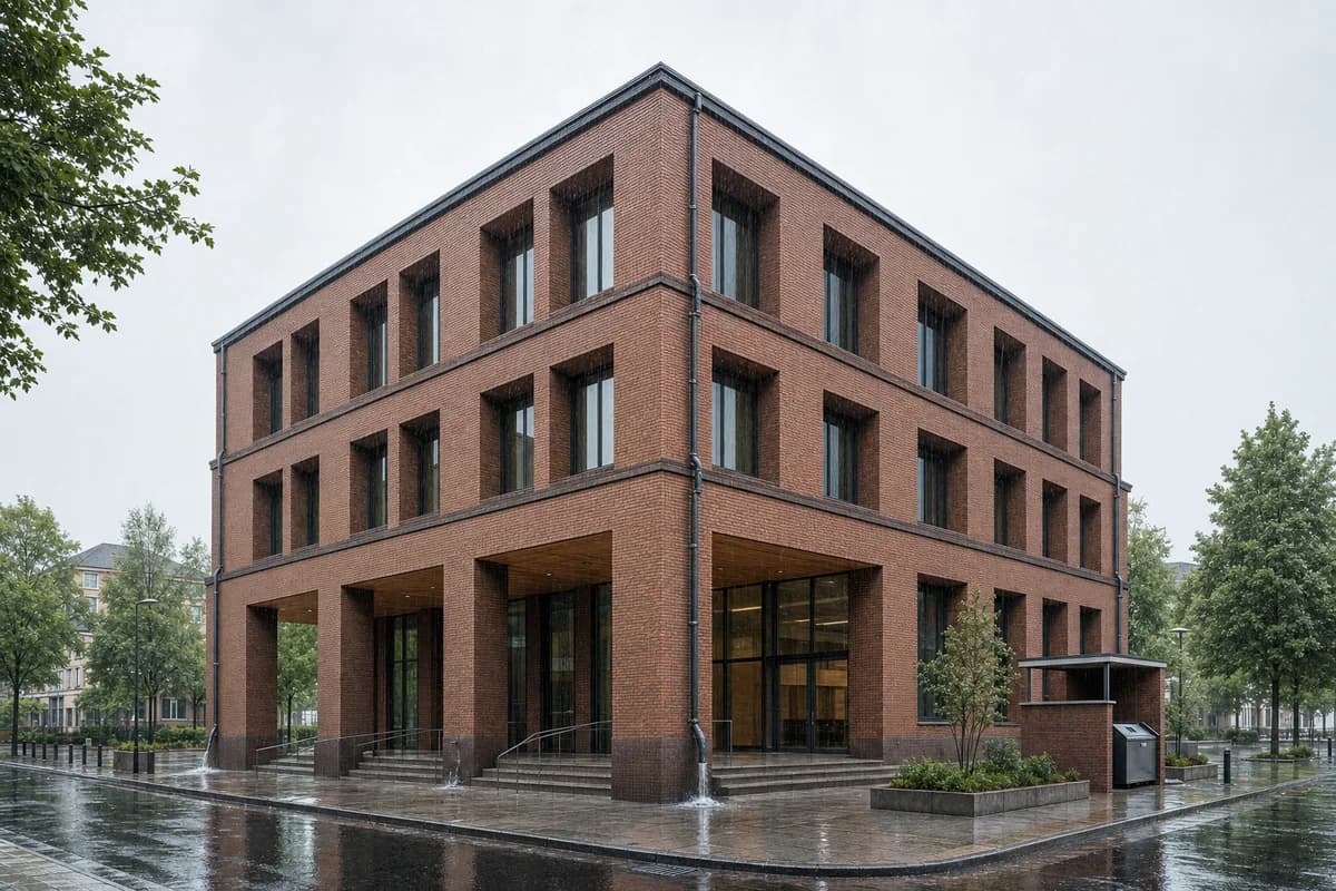 Brick public library with deep hoods and visible runoff in heavy rain.