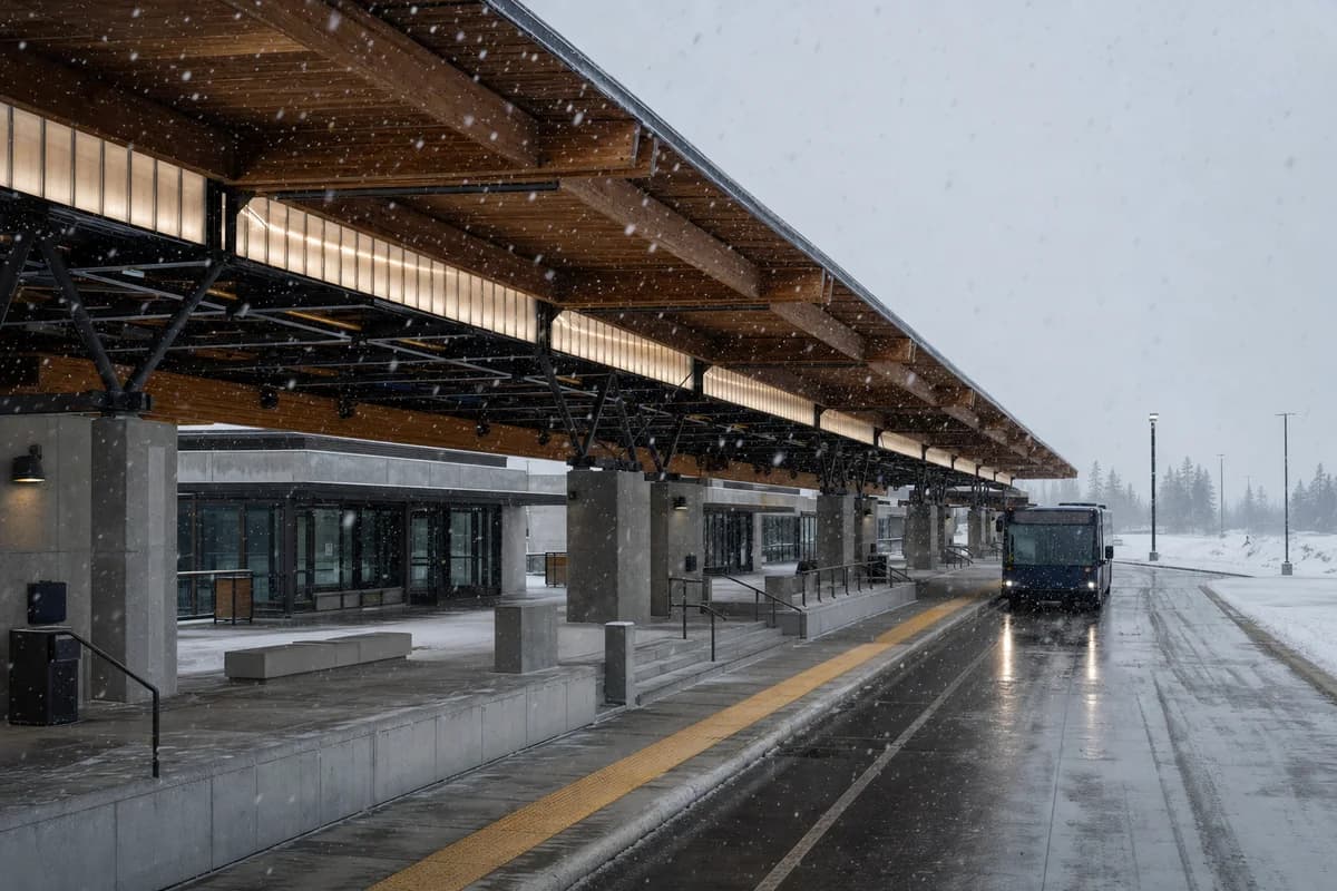 Timber-roof bus terminal operating through persistent lake-effect snow.