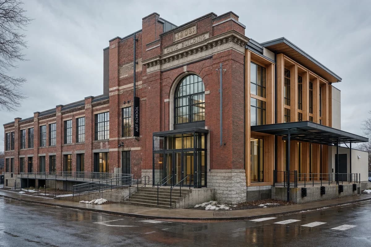 Repaired brick art school and timber studio bays during snowmelt.