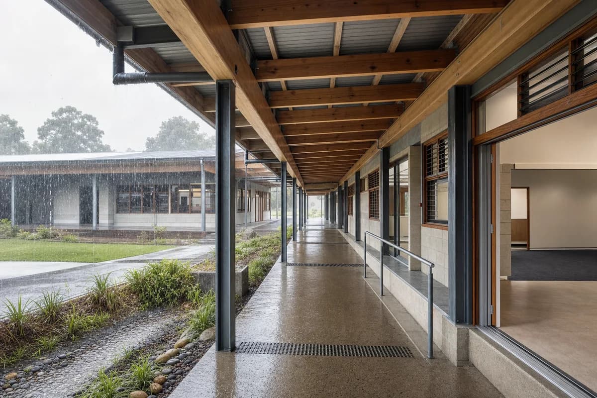 Covered school walkway and planted swales during steady monsoon rain.
