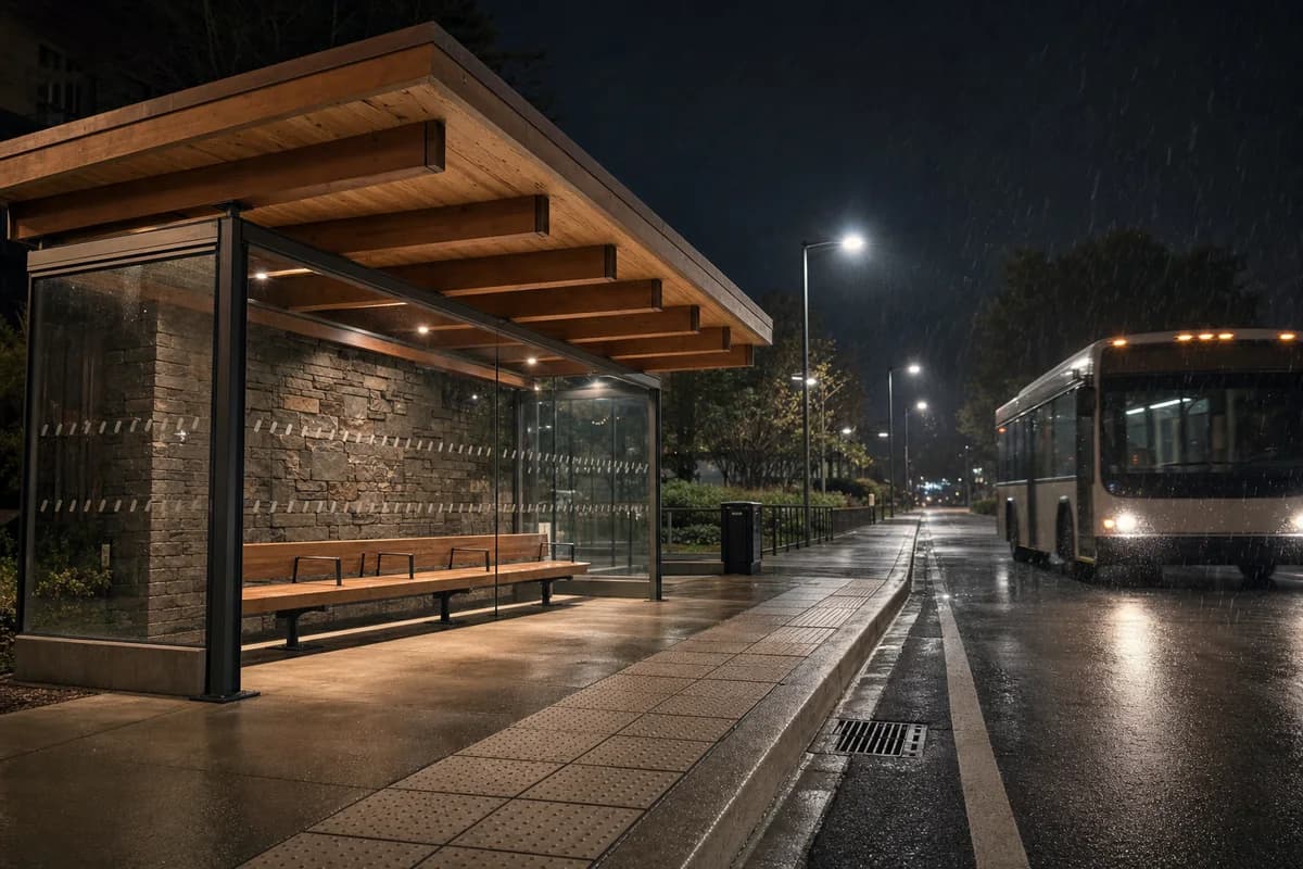Timber transit shelter and arriving bus during night rain.