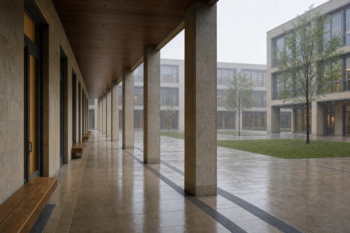 Stone university colonnade framing a rain-softened central court.