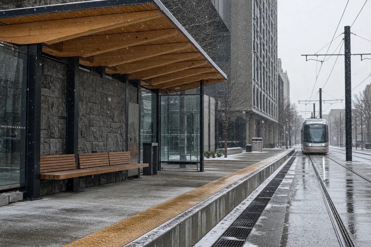 Timber tram shelter and platform during a brief snow squall.