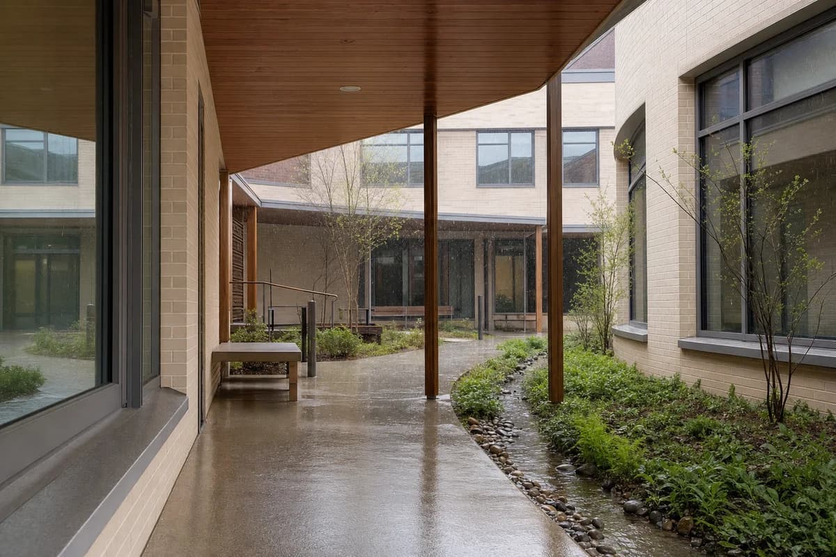 Pale brick maternity courtyard under a gentle spring shower.
