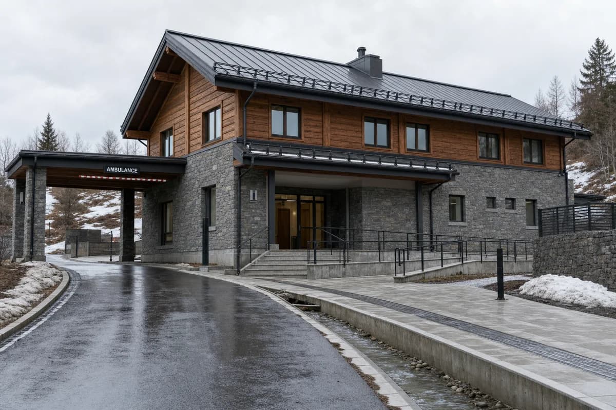 Stone and timber mountain clinic managing patchy snowmelt.