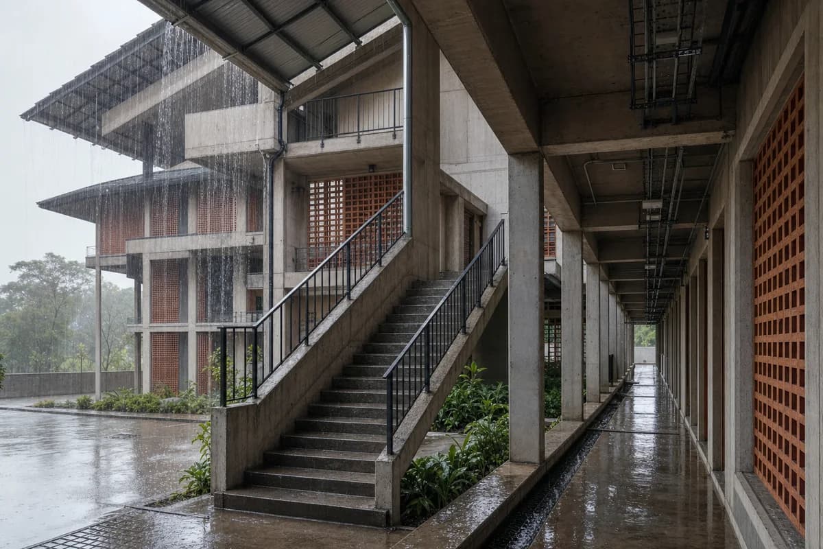 Terracotta-screened housing stair under a tropical downpour.