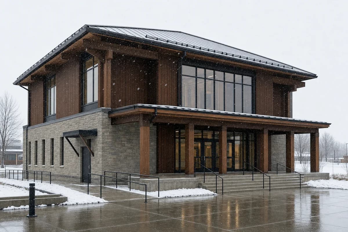 Mass-timber civic hall receiving wet snow above a stone base.