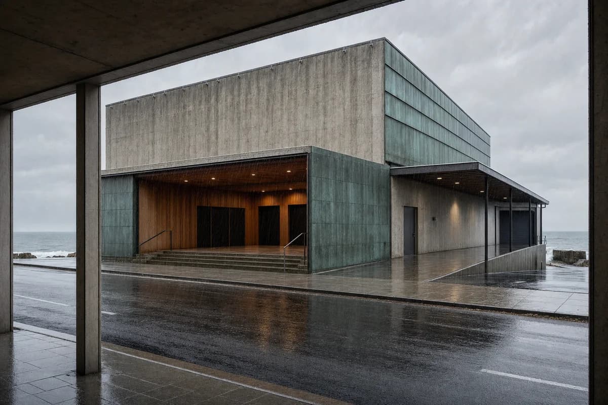 Concrete coastal cinema with a deep canopy in wind-driven rain.
