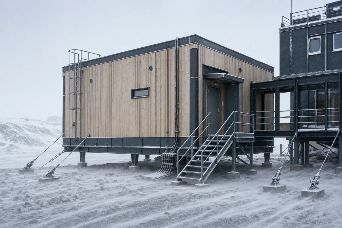 Raised arctic research annex amid low streams of windblown snow.