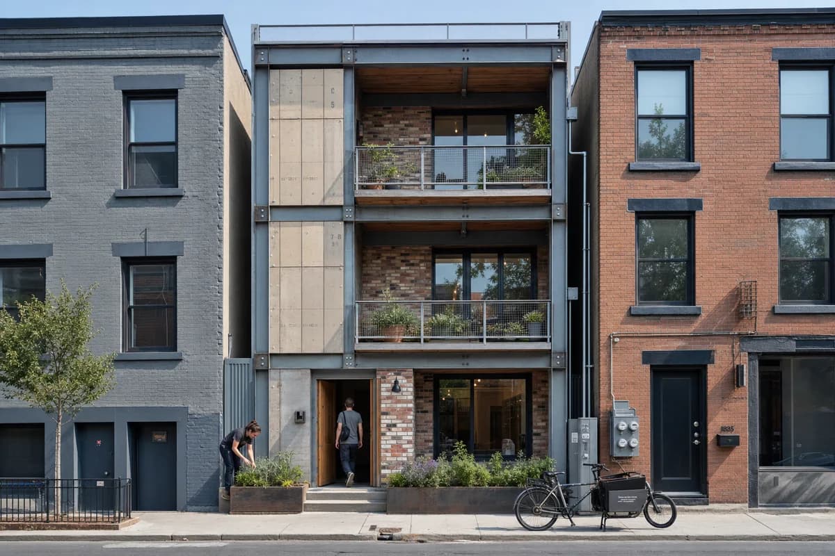 Narrow infill home with a bolted reclaimed frame and removable facade components.