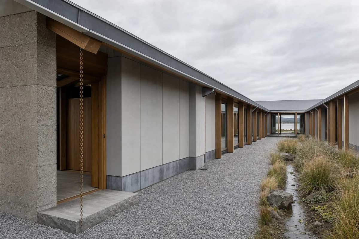 Low timber-framed estuary longhouse enclosing a gravel court beneath diffuse cloud light.