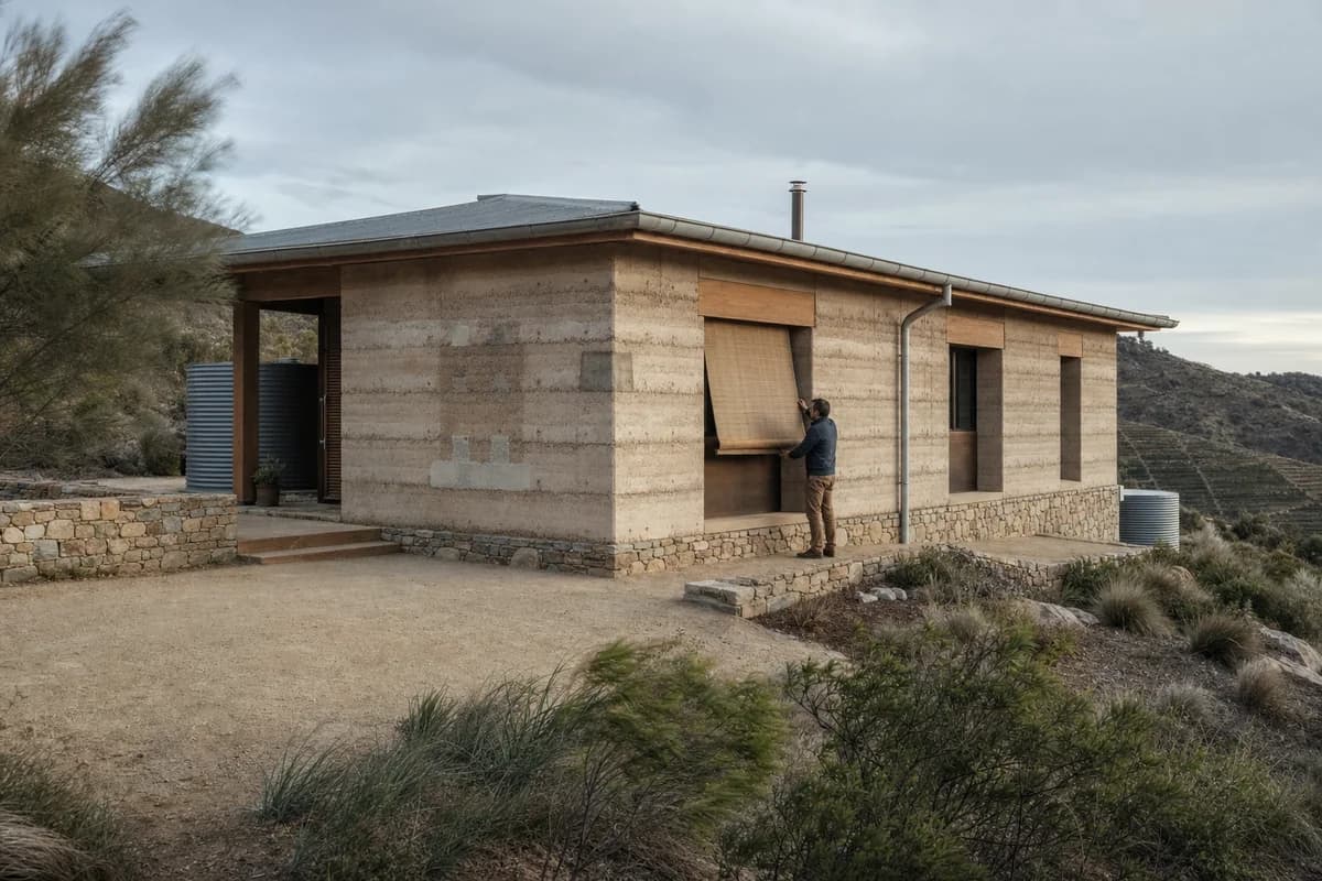Second accepted render of the ridge house from the same 40mm camera, with identical dry late-afternoon light, geometry, activity, and conditions.