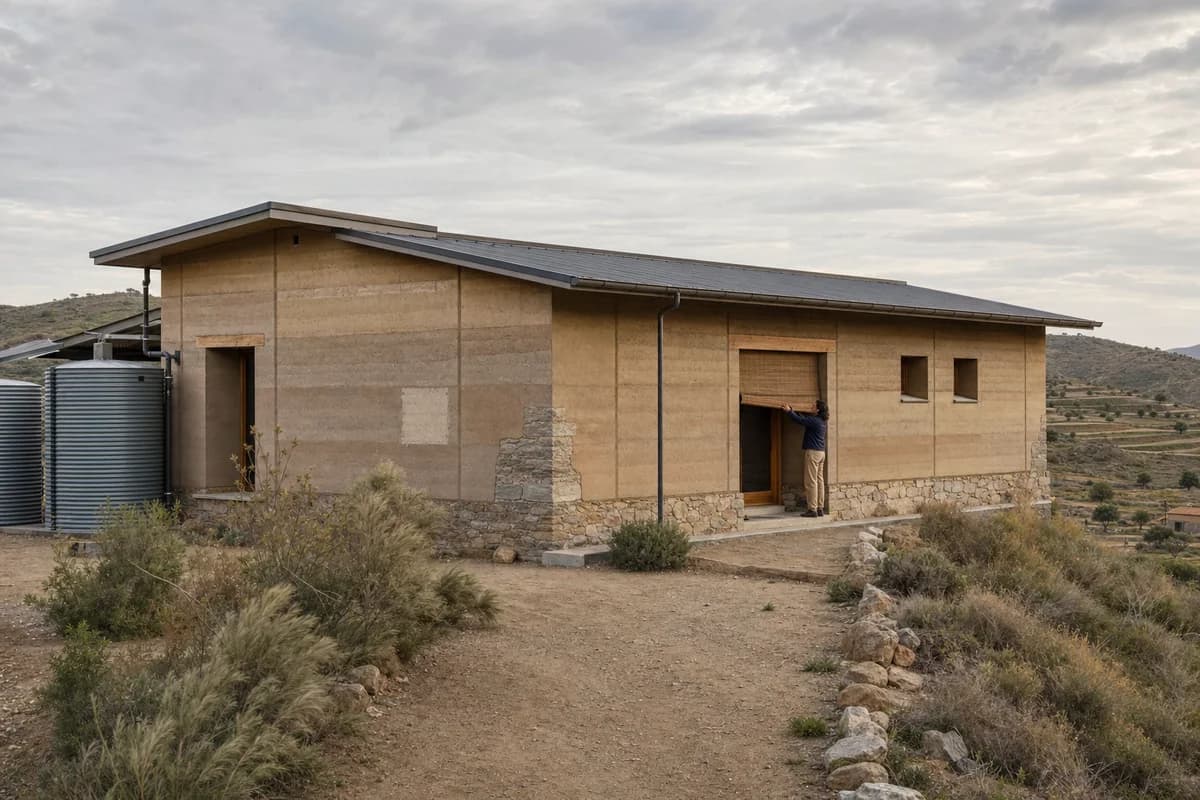 Low rammed-earth ridge house with deep openings and a protected stone base.