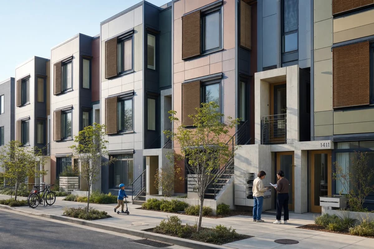 Adaptable three-story rowhouse with replaceable panels and shaded urban frontage.