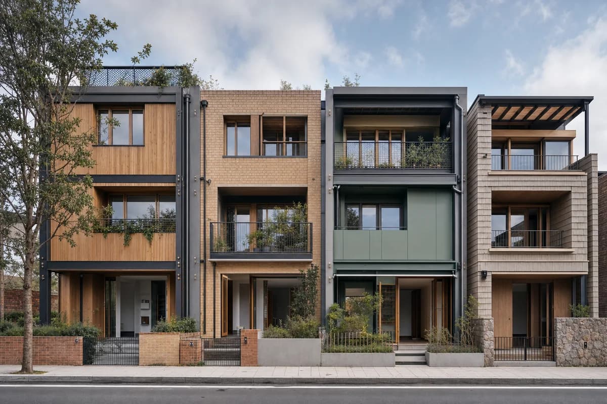 Four disassemblable terrace homes with varied sheltered thresholds.