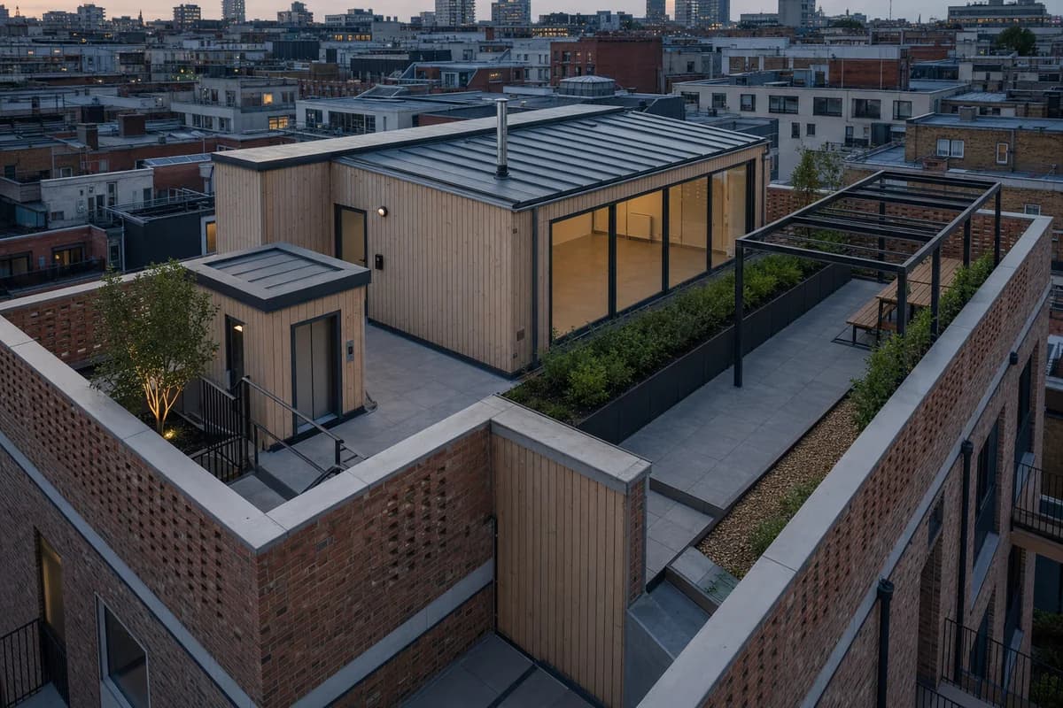 Timber housing common room and brick roof garden after sunset.