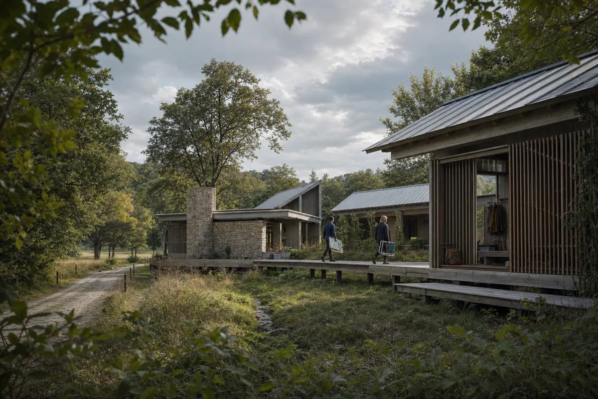 Low weathered-timber retreat pavilions seen through a managed woodland edge.